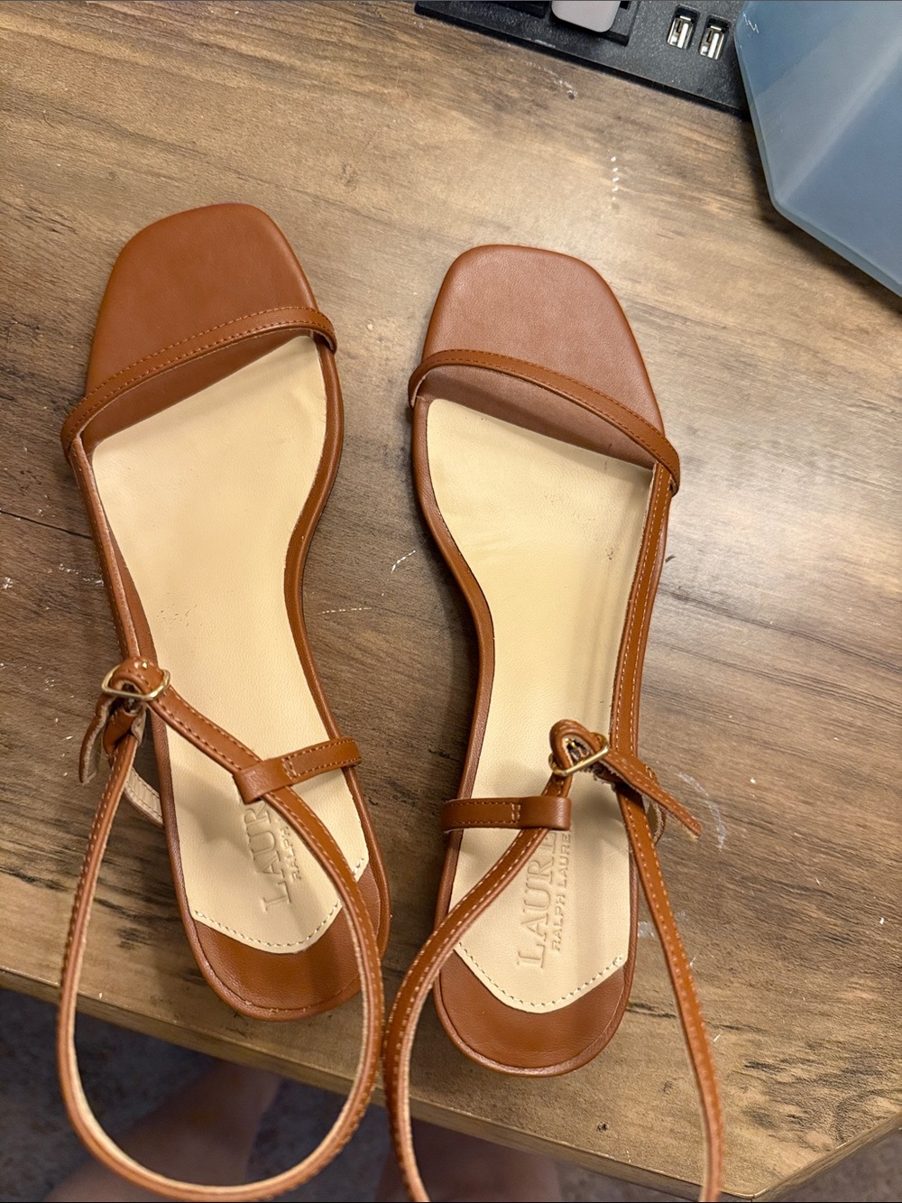 Lauren Ralph Lauren Cognac Leather Square-Toe Ankle-Strap Sandals